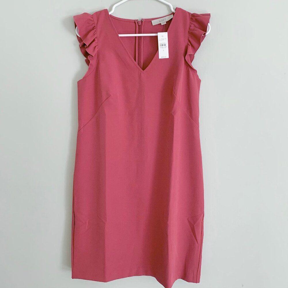 LOFT Berry Pink Ruffle Flutter Sleeve Shift Dress